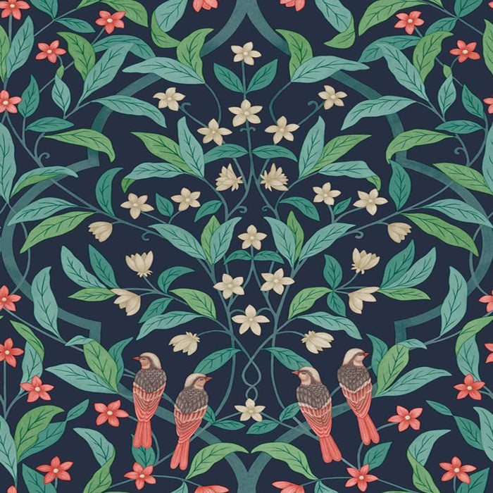Cole & Son Jasmine & Serin Symphony Coral/Petrol/Ink Wallpaper Sample 117/10030.CS.0