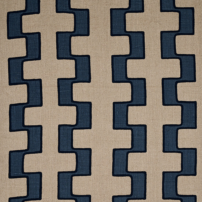 Schumacher Dixon Embroidered Print Linen Blue Fabric 179682