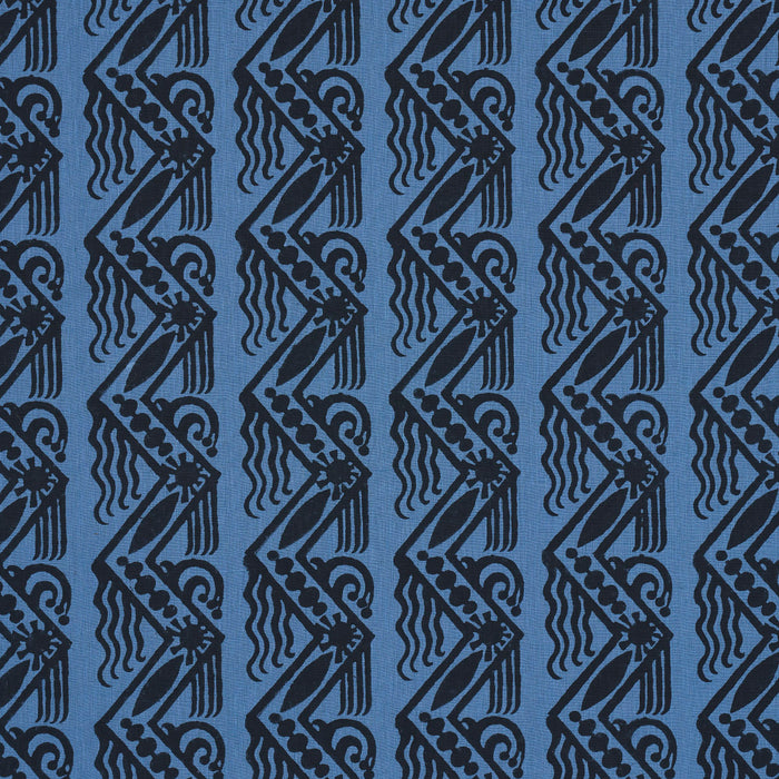 Schumacher Venetian Zig Zag Block Print Black On Blue Fabric 181561