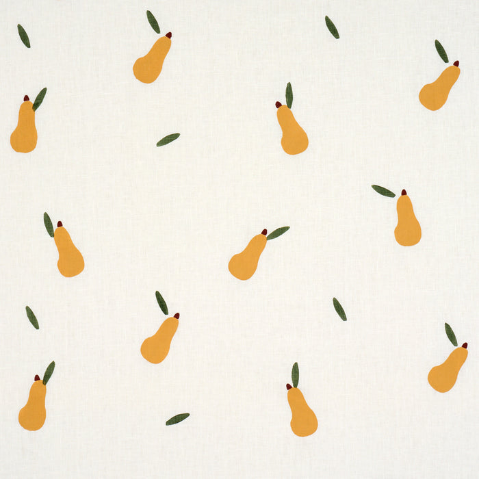 Schumacher Pears Hand Block Print Green And Ochre On White Fabric 182390