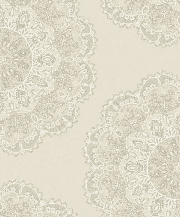 Seabrook Designs Lace Medallion Cream, Silver, And White Wallpaper Sample 2010905