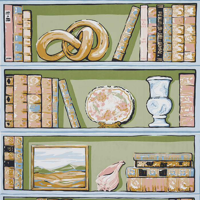 Schumacher Natalie's Library Celadon Wallpaper Sample 5014730
