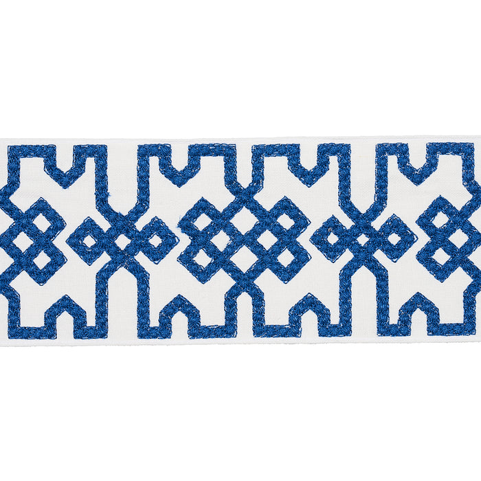 Schumacher Knotted Trellis Tape Blue On White Trim 80883