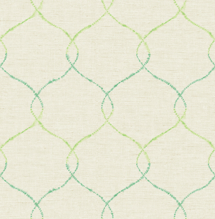 Seabrook Designs Shibori Lattice Lime Green, Teal, And Metallic Pearl Wallpaper Sample AH41601