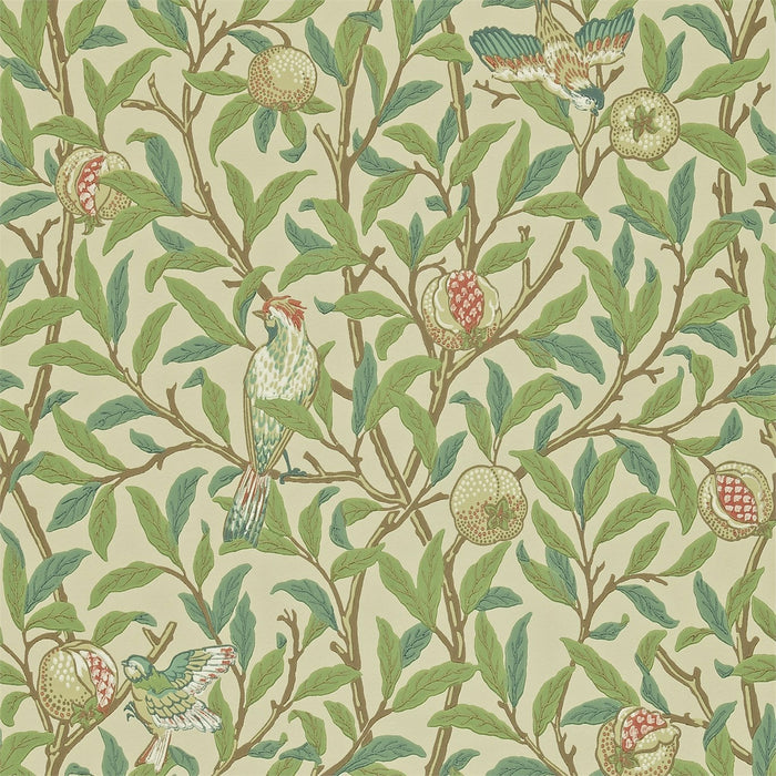 Morris & Co Bird & Pomegranate Bayleaf/Cream Wallpaper Sample DARW212539