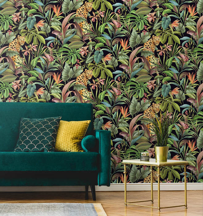 Daisy Bennett Tropical Leopard  Gloss Black Wallpaper DB20100