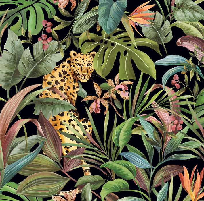 Daisy Bennett Tropical Leopard Gloss Black Wallpaper DB20100