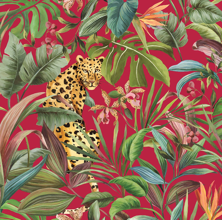 Daisy Bennett Tropical Leopard Gloss Red Wallpaper DB20101