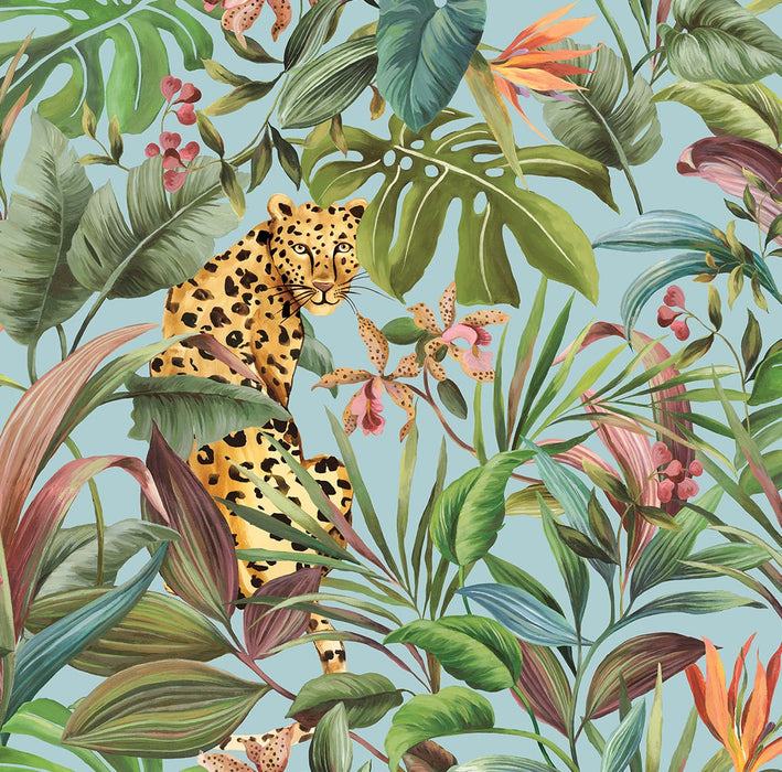 Daisy Bennett Tropical Leopard  Gloss Sky Blue Wallpaper Sample DB20102
