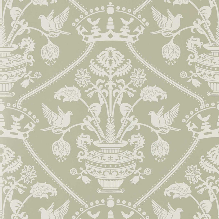 Sanderson Highgrove Damask Silver Green Wallpaper DHIP217502