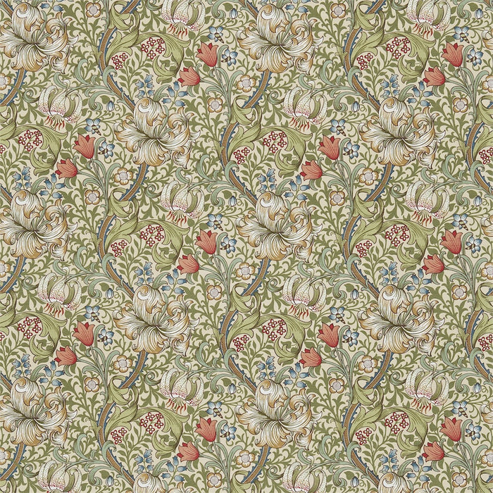 Morris & Co Golden Lily Multi Green on Stone Fabric Sample DMC1G3201