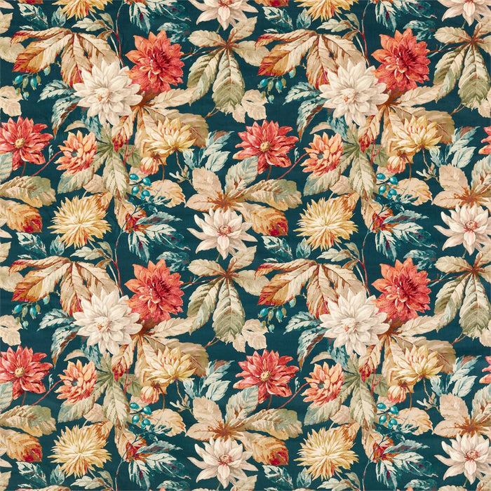 Sanderson Dahlia & Rosehip (Velvet) Teal/Russet 226533 Fabric Sample DYSI226533