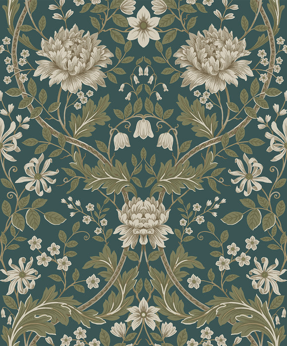 Seabrook Designs Honeysuckle Floral Prepasted Teal & Moss Green Wallpaper Sample EP10004