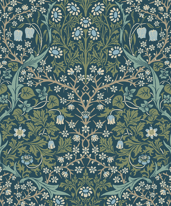 Seabrook Designs Victorian Garden Floral Prepasted Prussian Blue & Moss Green Wallpaper Sample EP10102
