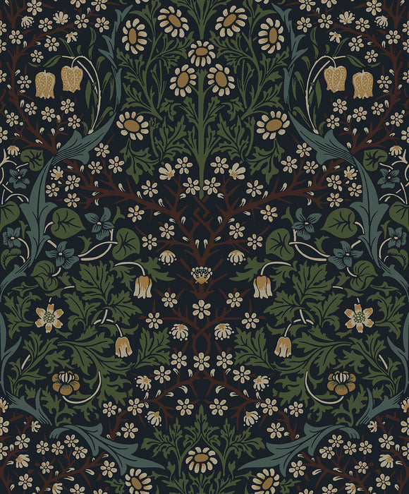 Seabrook Designs Victorian Garden Floral Prepasted Midnight Blue & Evergreen Wallpaper Sample EP10122