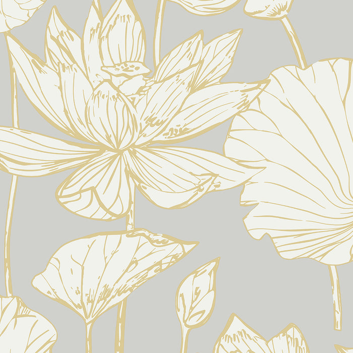 Seabrook Designs Water Lily Floral Metallic Gold & Grey Wallpaper Sample ET10906