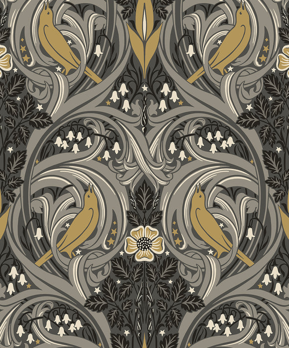 Seabrook Designs Bird Scroll Charcoal & Goldenrod Wallpaper Sample ET12208