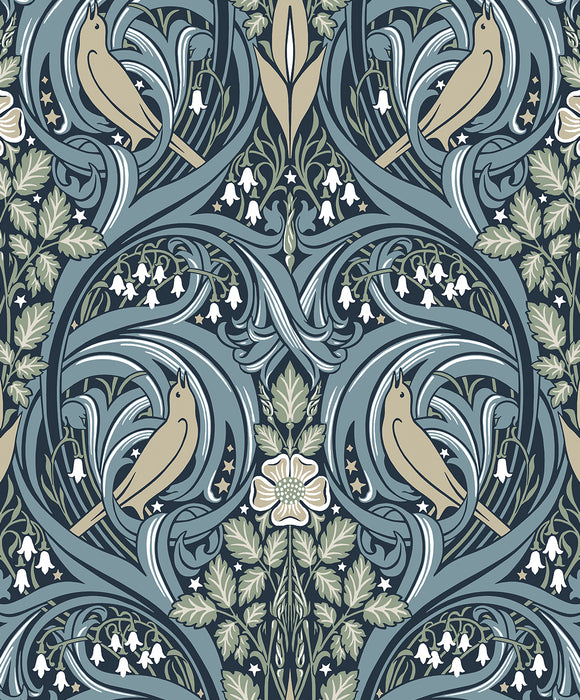 Seabrook Designs Bird Scroll Navy & Beige Wallpaper Sample ET12212