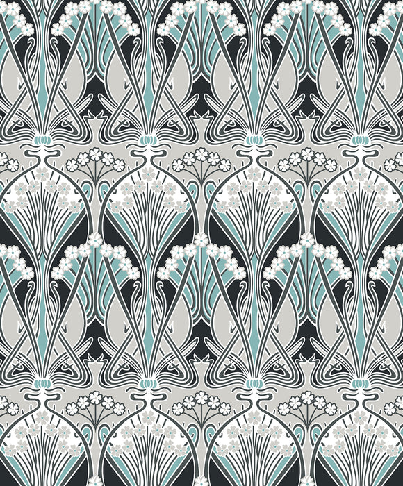 Seabrook Designs Dragonfly Damask Ebony & Aqua Wallpaper Sample ET12404