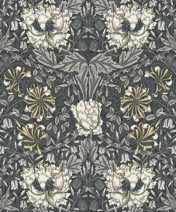 Seabrook Designs Ogee Flora Charcoal & Goldenrod Wallpaper Sample ET12608
