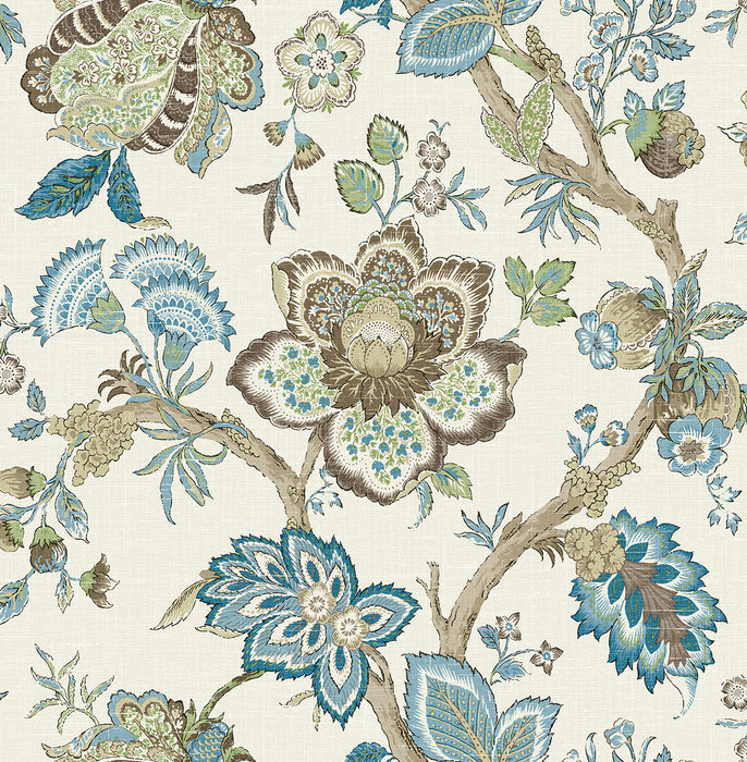 Seabrook Designs Bernadette Jacobean Hickory Smoke & Blue Bell Wallpaper Sample FC60406