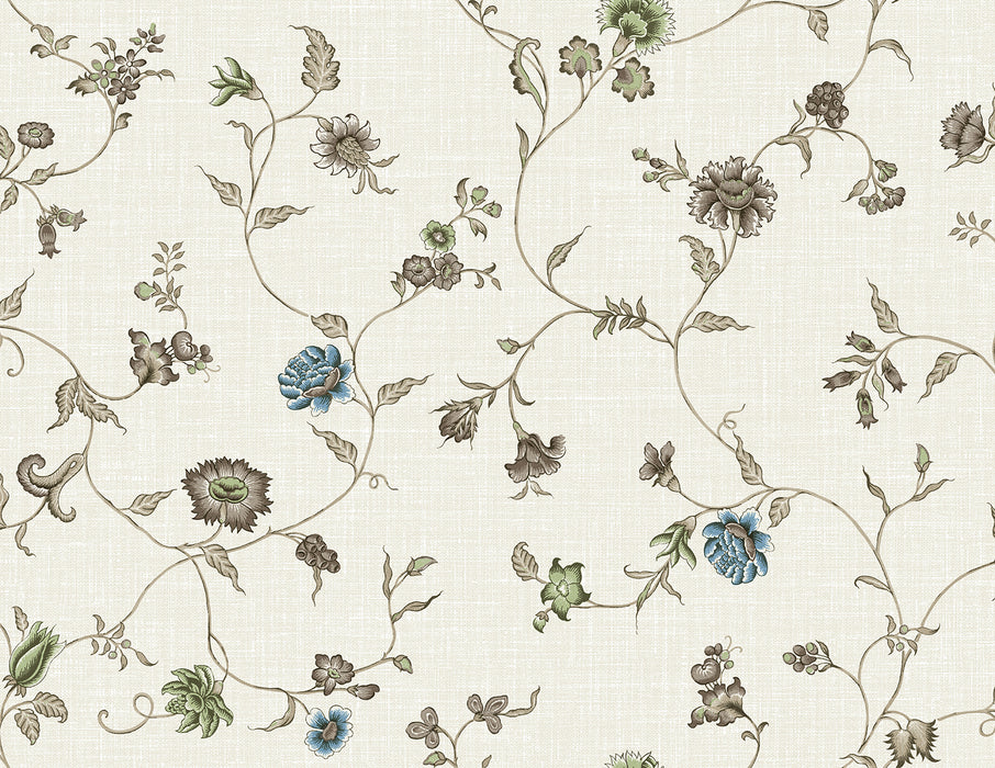 Seabrook Designs Florale Trail Greige & Blue Bell Wallpaper Sample FC61006