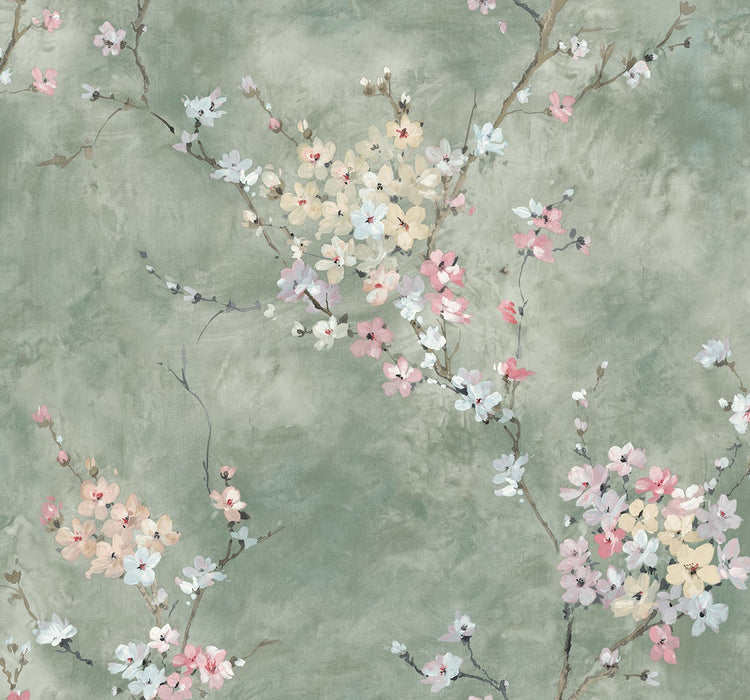 Seabrook Designs Floral Blossom Green Smoke Wallpaper Sample HG11804