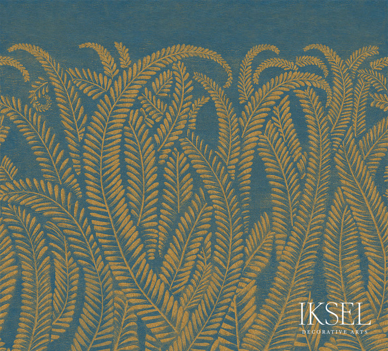 Schumacher Art Deco Golden Fern Golden Blue Wallpaper Sample IK8402