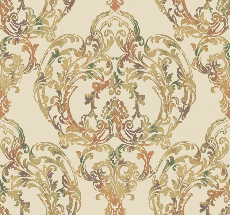 Seabrook Designs Roxen Damask Amber, Gold, And Pine Wallpaper Sample LG90701