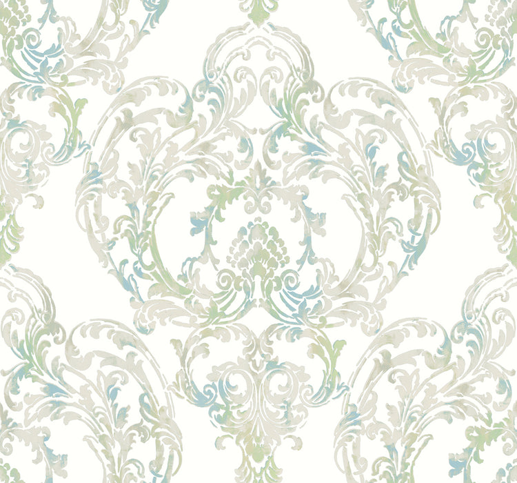Seabrook Designs Roxen Damask Turquoise, Off-white, And Mint Wallpaper Sample LG90702