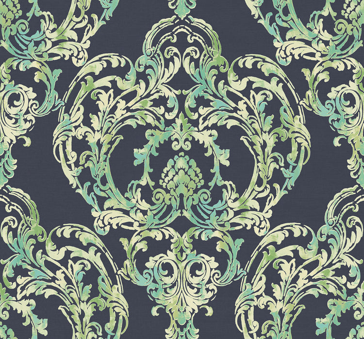 Seabrook Designs Roxen Damask Navy, Off-white, And Mint Wallpaper Sample LG90712