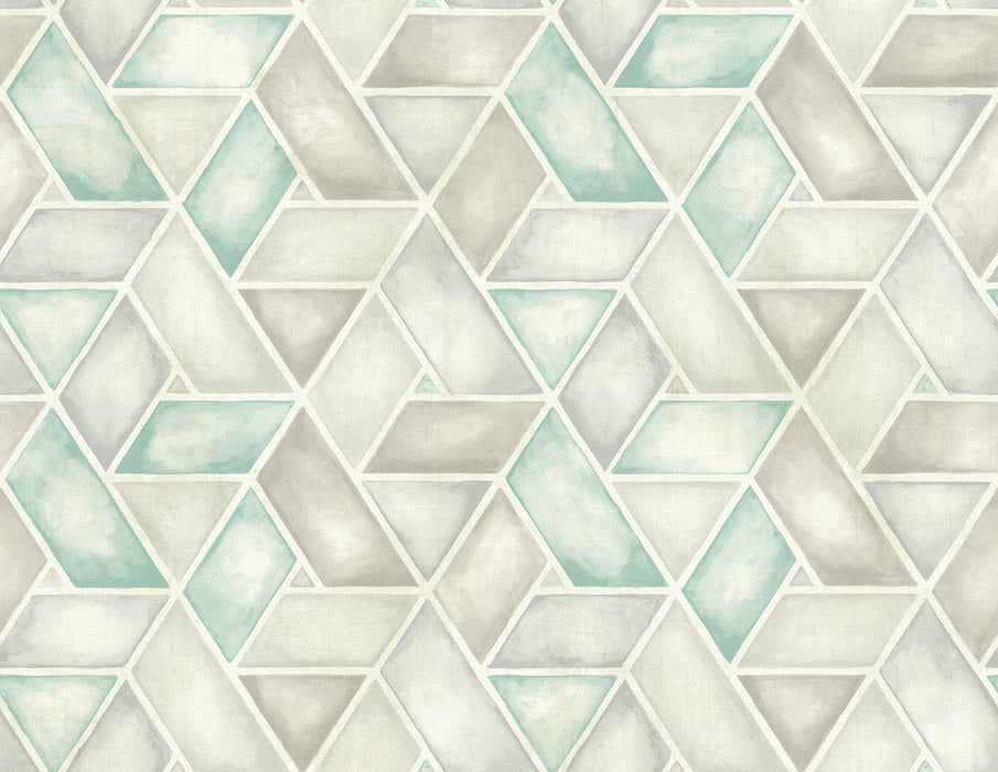Seabrook Designs Kentmere Geo Teal, Gray, And White Wallpaper Sample LG91306