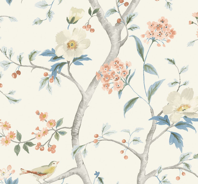 Lillian August Southport Floral Trail Eggshell, Melon, And Carolina Blue Wallpaper LN11101