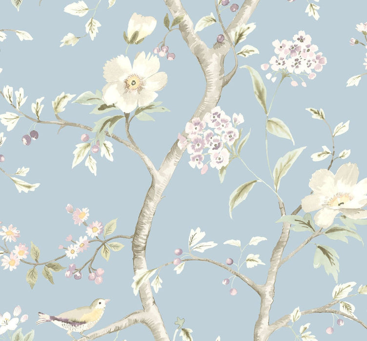 Lillian August Southport Floral Trail Sky Blue And Arrowroot Wallpaper LN11112