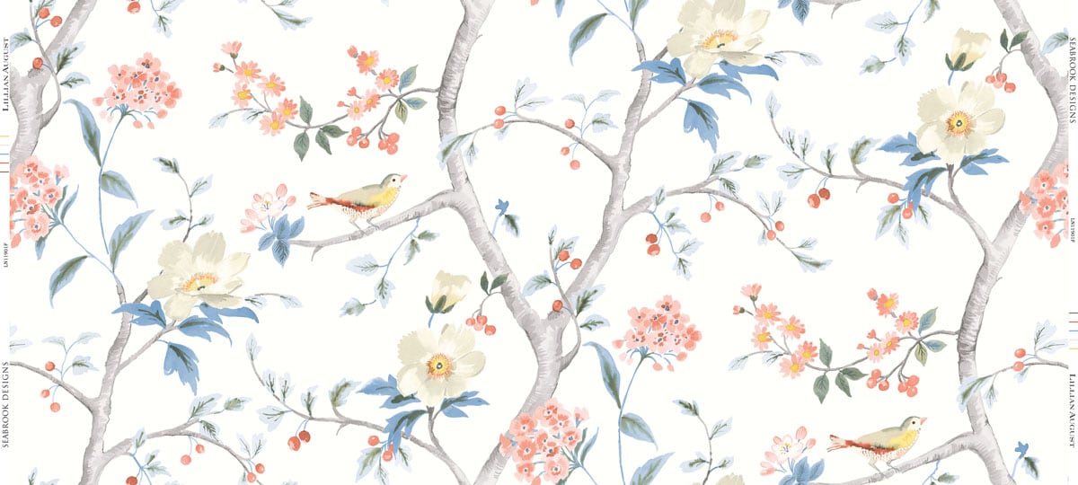 Lillian August Southport Floral Trail Fabric Eggshell, Melon, And Carolina Blue Fabric LN11901F