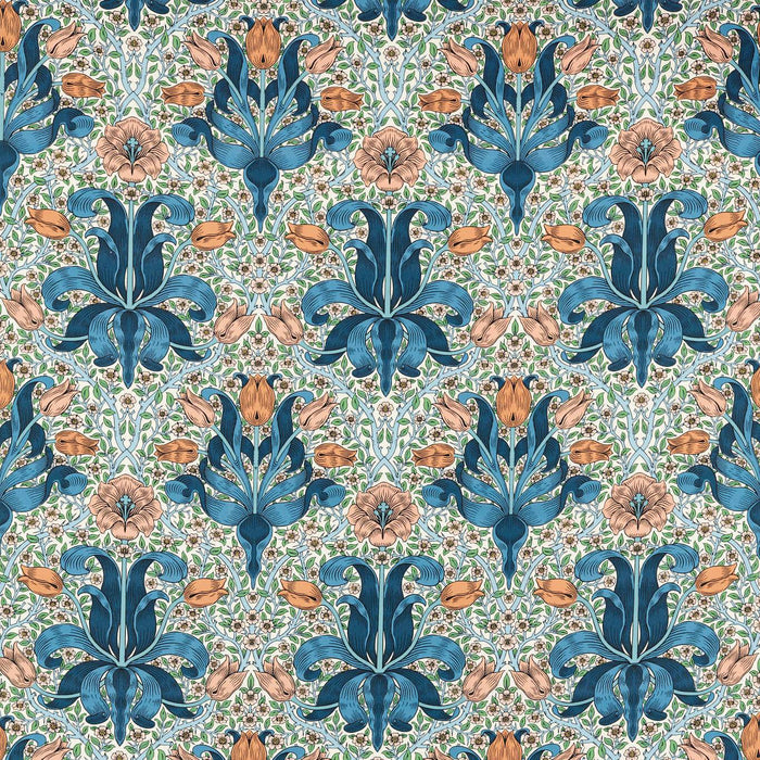 Morris & Co Spring Thicket Paradise Blue/Peach Fabric MVOF227207
