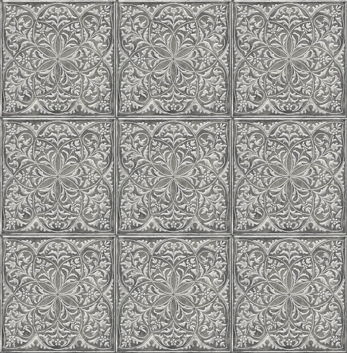 NextWall Faux Embossed Tile Metallic Silver & Charcoal Wallpaper NW36200