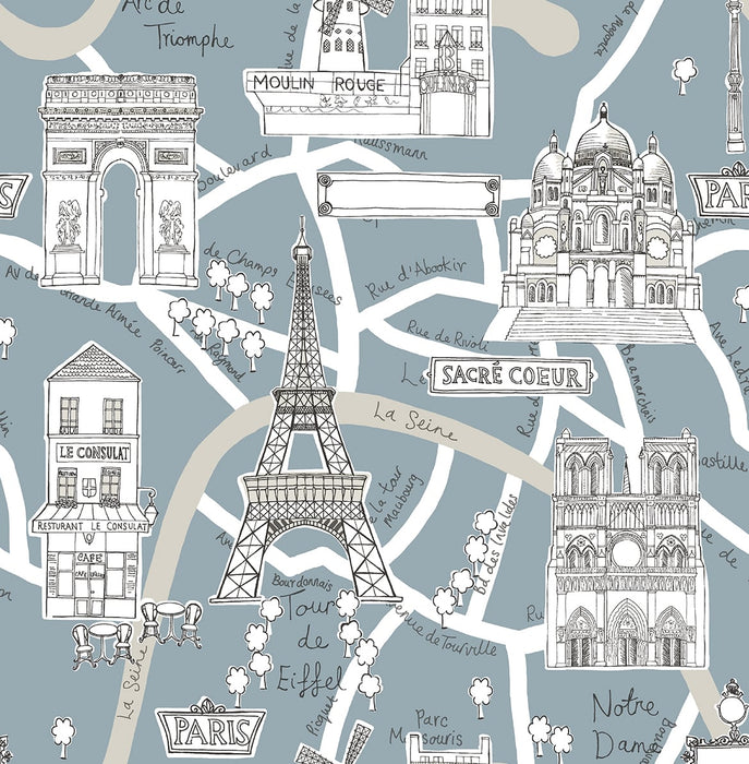 NextWall Paris Scene Smokey Blue Wallpaper NW44802