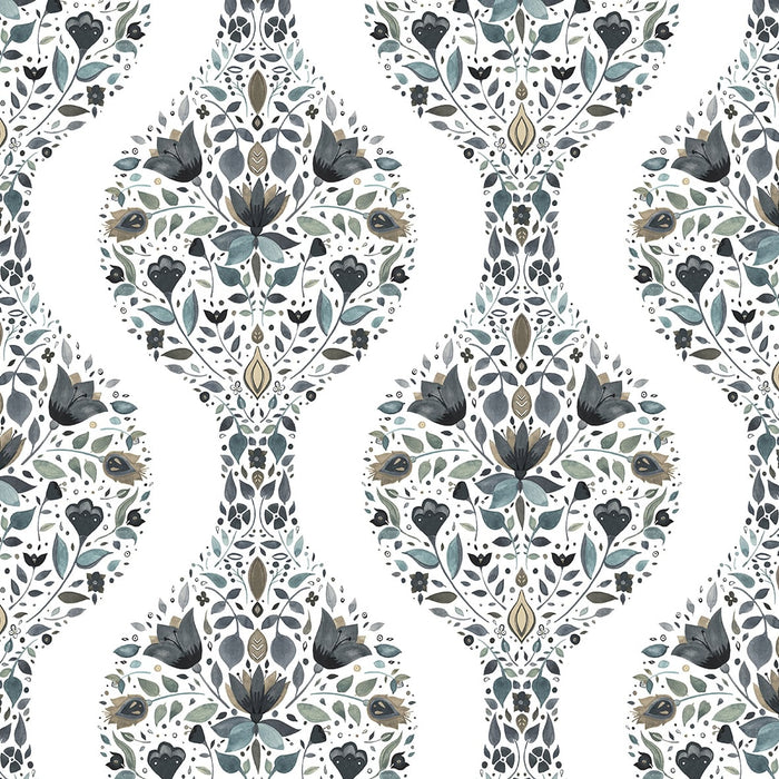 NextWall Floral Ogee Steel & Rustic Taupe Wallpaper NW45000