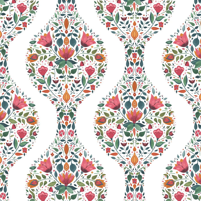 NextWall Floral Ogee Rose Pink & Spruce Wallpaper NW45001