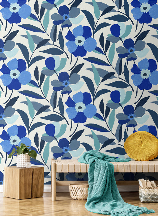 NextWall Garden Block Floral Cobalt Blue & Lagoon Wallpaper NW45302