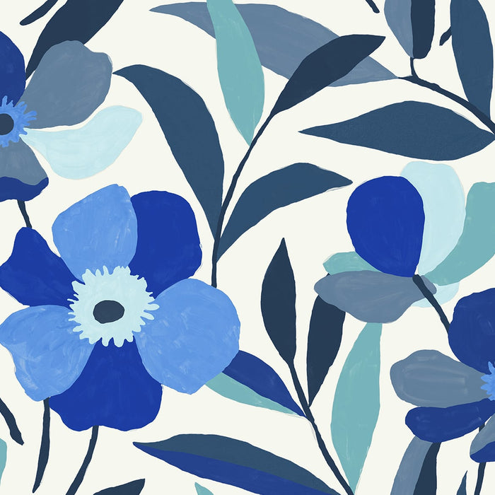 NextWall Garden Block Floral Cobalt Blue & Lagoon Wallpaper NW45302