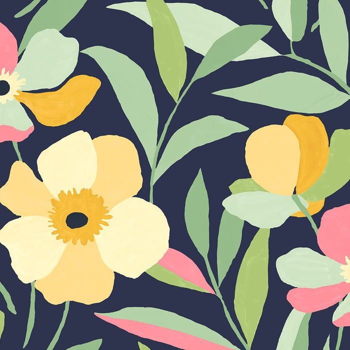 NextWall Garden Block Floral Deep Navy & Pastels Wallpaper NW45309