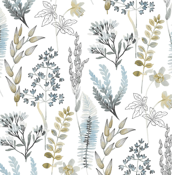 NextWall Wild Garden Glacier Blue & Matte Brass Wallpaper NW45404
