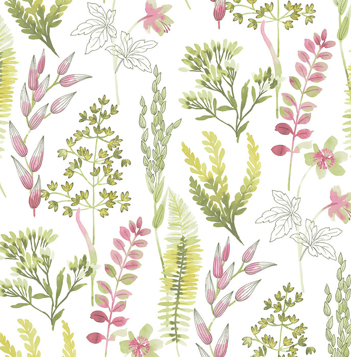 NextWall Wild Garden Lemongrass & Posy Pink Wallpaper NW45407