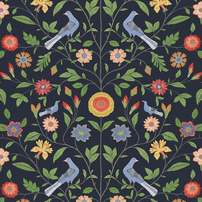 NextWall Bird Toile Midnight Blue Wallpaper NW45902