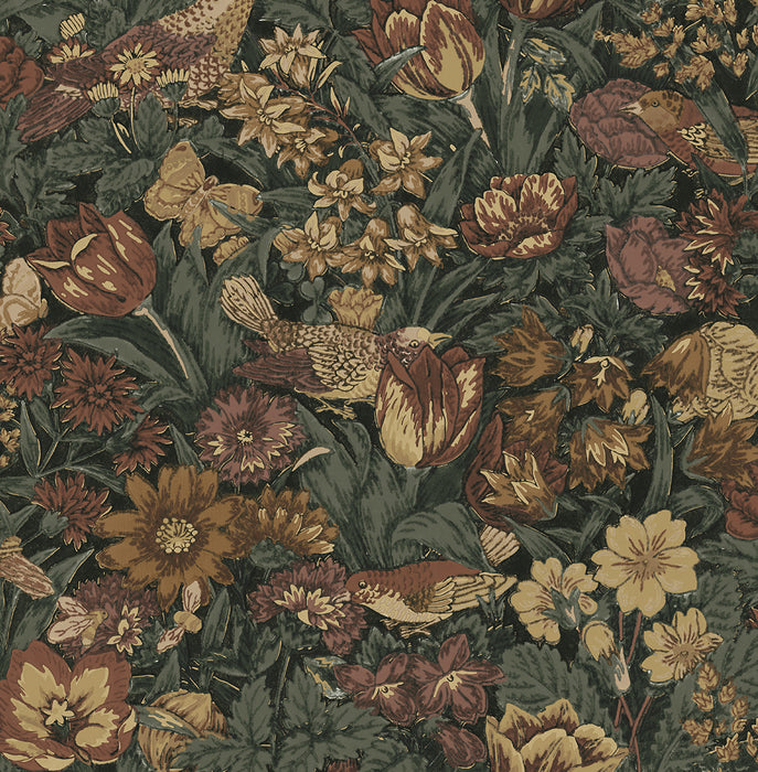 NextWall Bird Floral Mahogany & Graphite Wallpaper NW46008