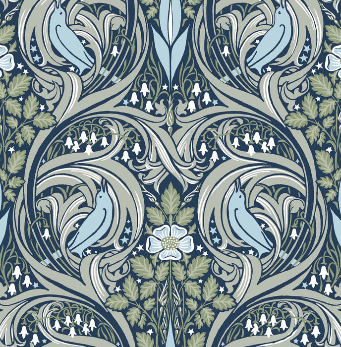 NextWall Bird Ogee Navy & Fern Green Wallpaper NW46204