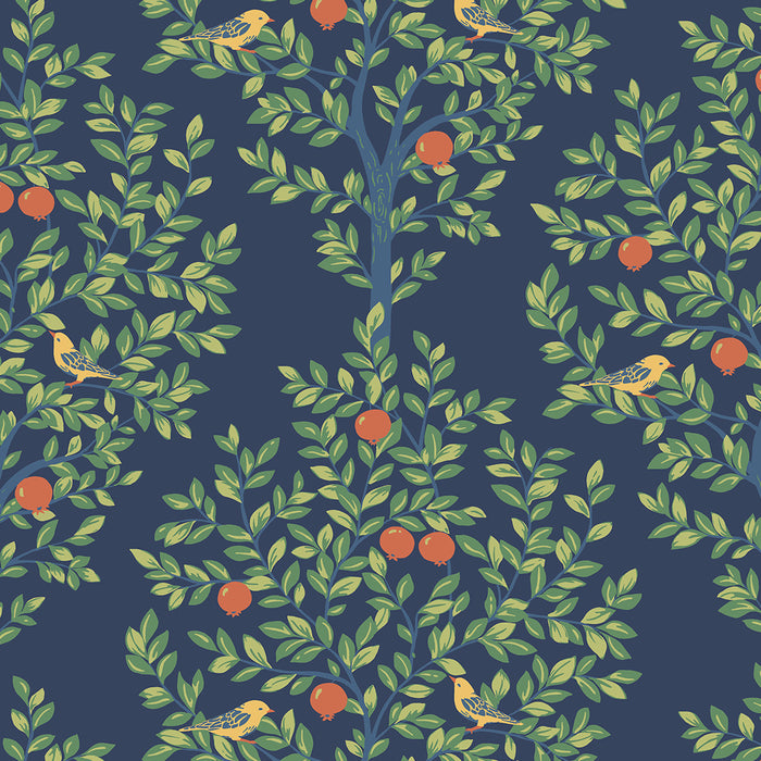 NextWall Fruit Tree Navy Blue & Greenery Wallpaper NW48102