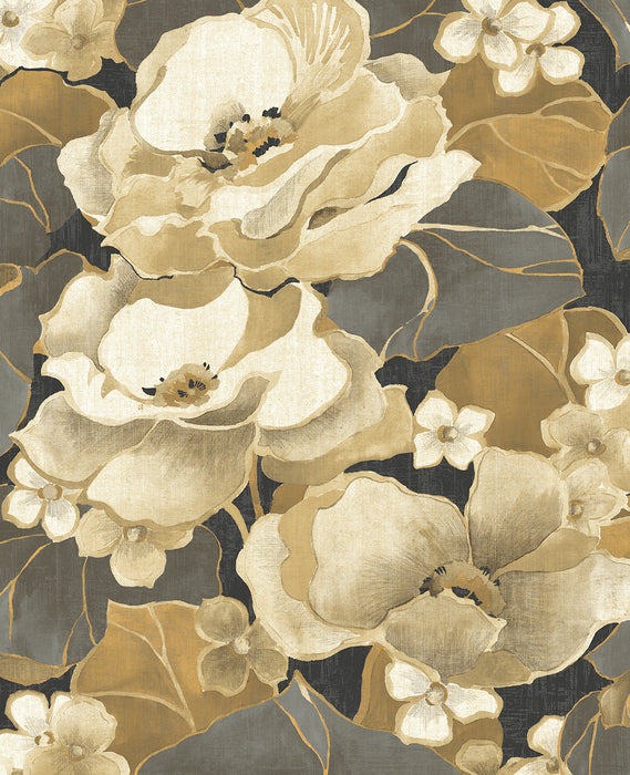 NextWall Nouveau Floral Ebony & Antique Gold Wallpaper NW49600